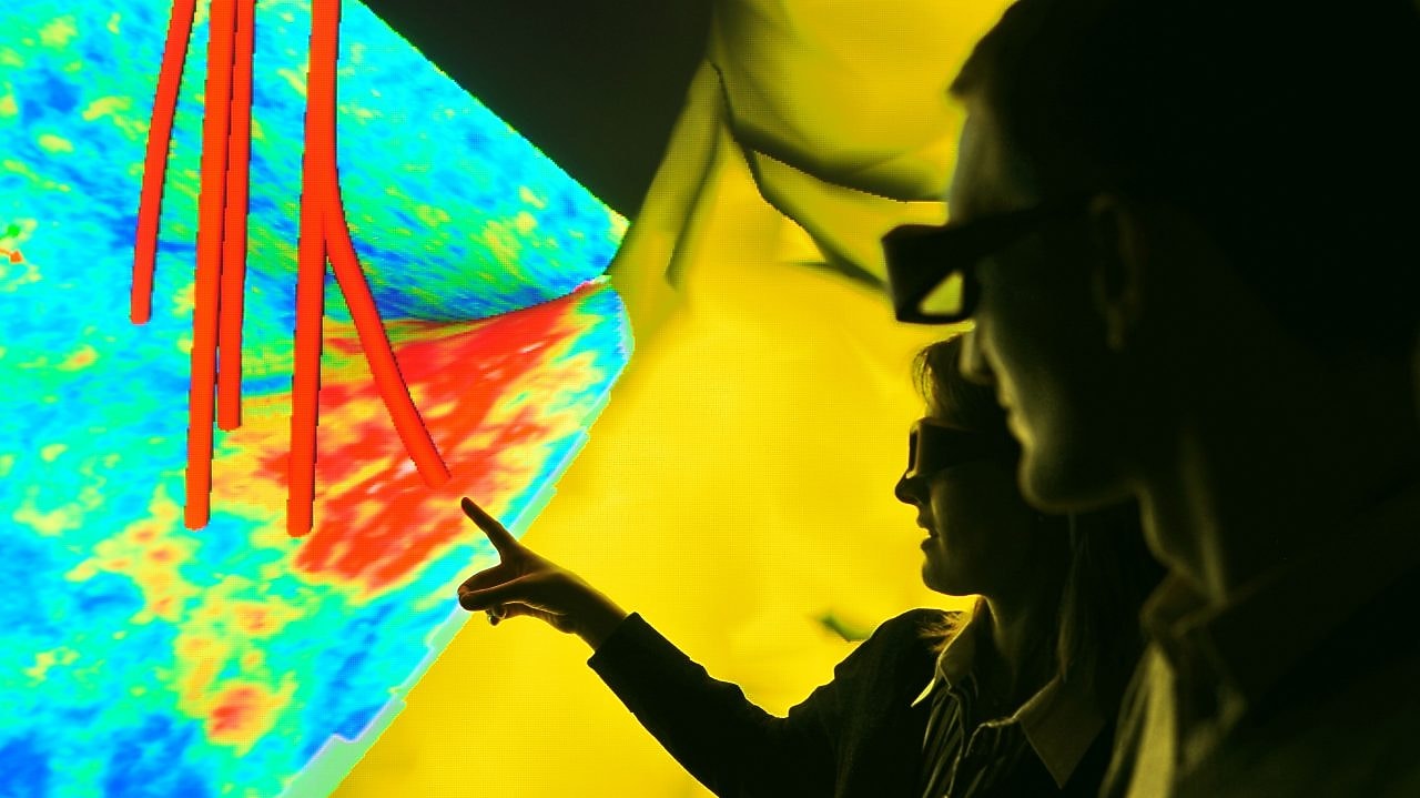 Imagen sísmica con trayectorias de sondeos donde se muestra cómo se pueden integrar datos del subsuelo obtenidos de distintas fuentes